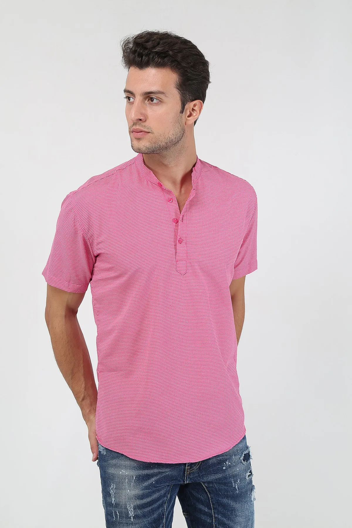 Therapy Men Male Crew Neck Half Patlı Plaid Short-Sleeve Slim Fit Shirt 21Y-4300602-01 Dark Pink