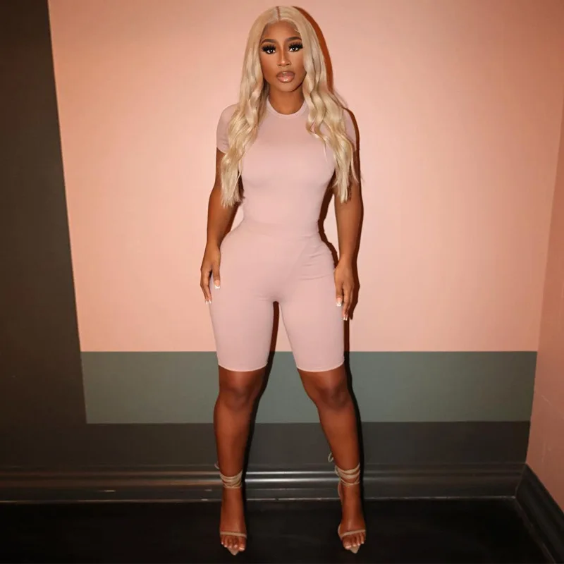 European And American Style Women's 2023 Summer New Round Neck Short Sleeved Jumpsuit Slim Fitting Solid Color Shorts Set