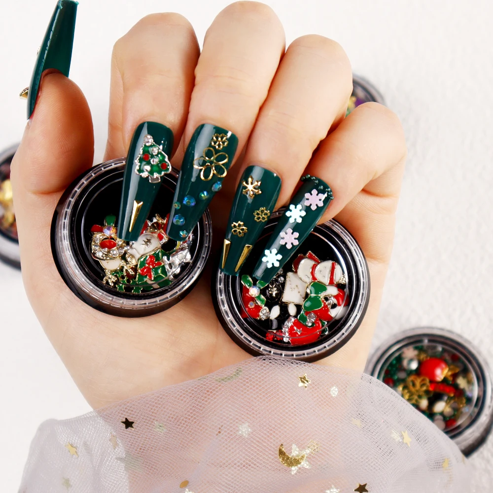 

1 Jar Christmas Pendant Nail Charms Small Reindeer Santa Snowman Bell Enamelled Xmas Jewelry Making Nail Supplies Decoration
