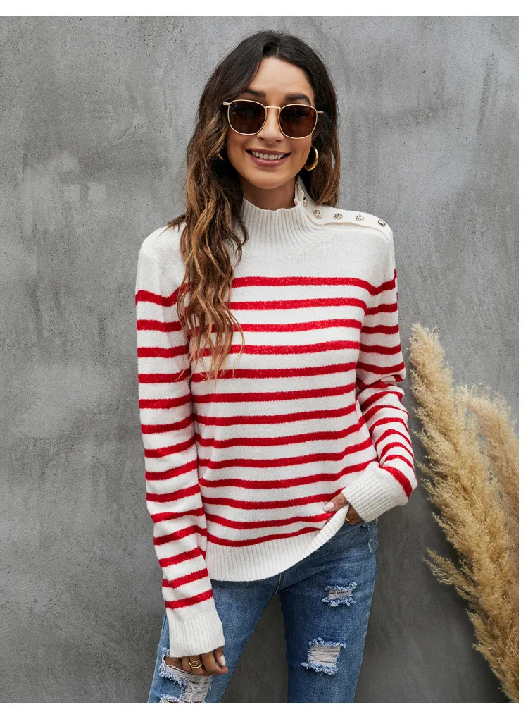 Women fashion striped sweater loose long sleeve top stand collar pullover sweater