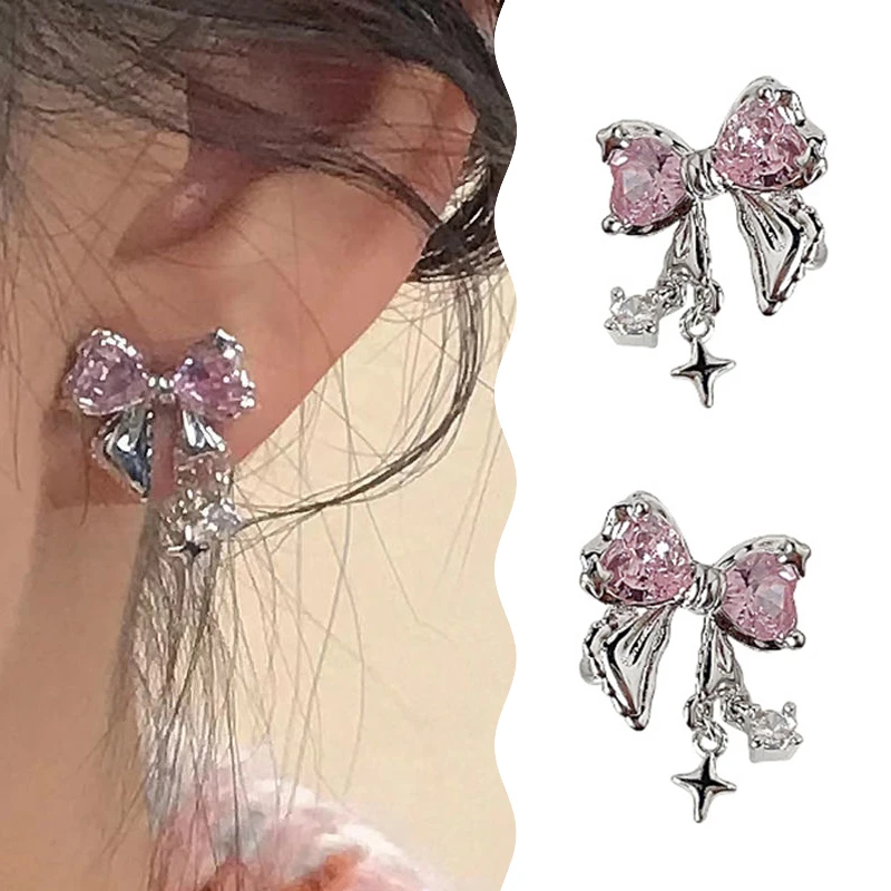 Серьги-гвоздики Y2K с бантом из циркония для Женщин Модные Серебристые серьги