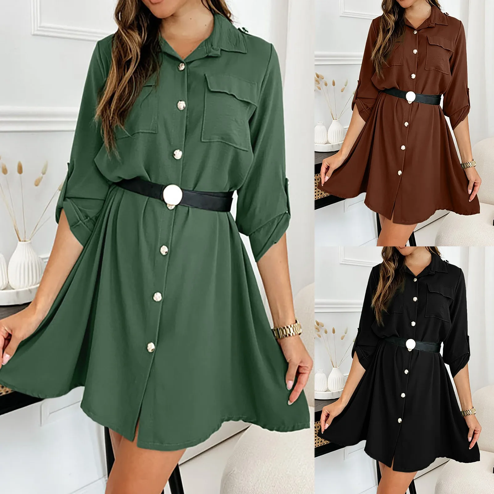 

Женское однотонное платье-рубашка с отворотом, длинным рукавом и пуговицами