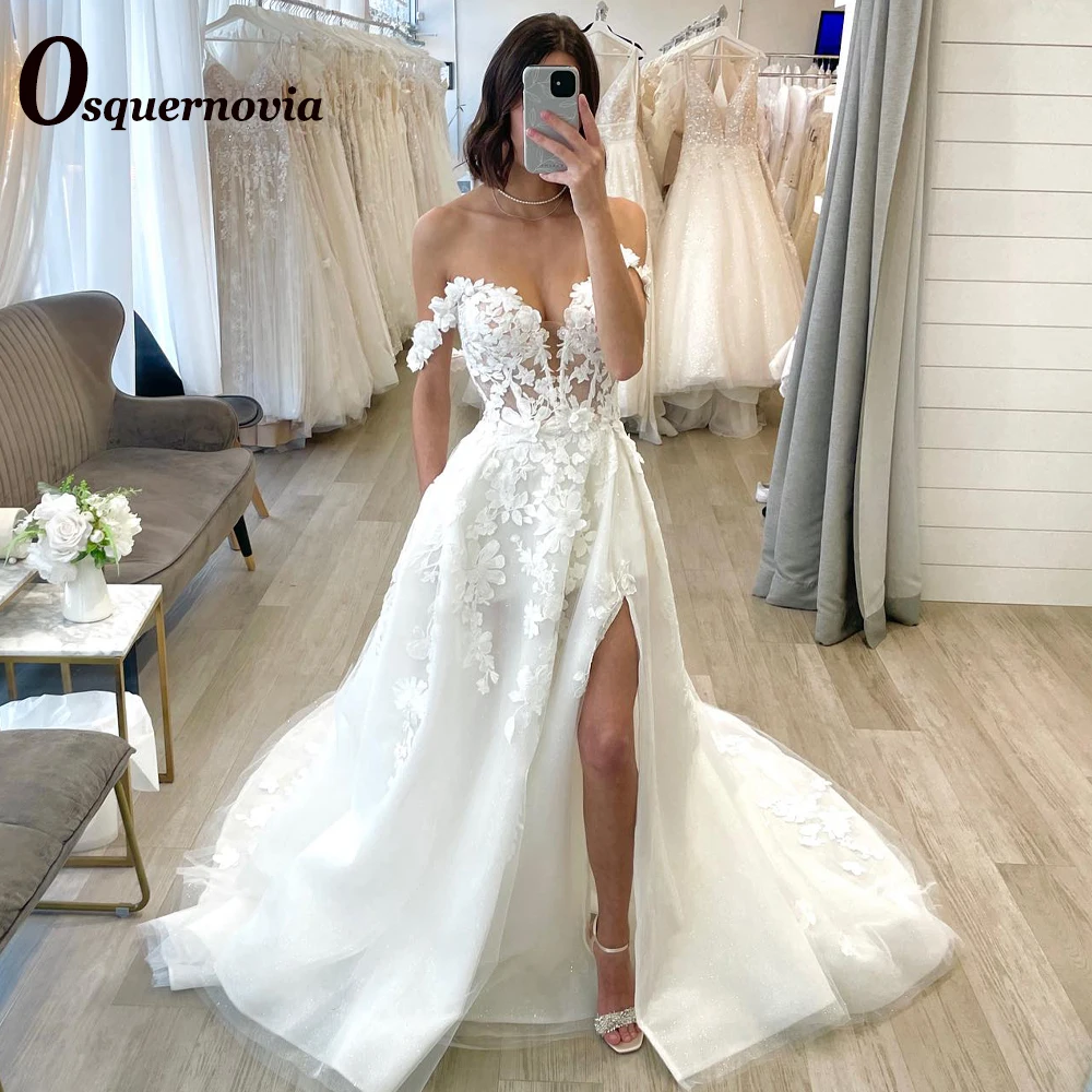 

Osquernovia Charming Wedding Dresses Split Off the Shoulder Floral Appliques Sweetheart Backless A-line Bling Abito Da Sposa