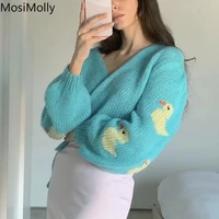 mosimolly cartoon duck sweater jumper caridgan women 2022 winter v neck comfy soft knit cardian coats romantic french sweater