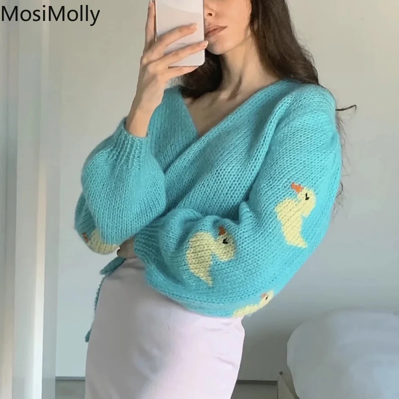 MosiMolly мультфильм утка свитер джемпер Caridgan женщины 2022 Зима V-образный вырез