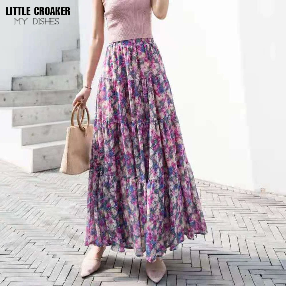 

High Waist Maxi Skirts for Women Vintage Print Lace Hook Flower Hollow Out Design Jupe Femme Summer 2022 New Faldas