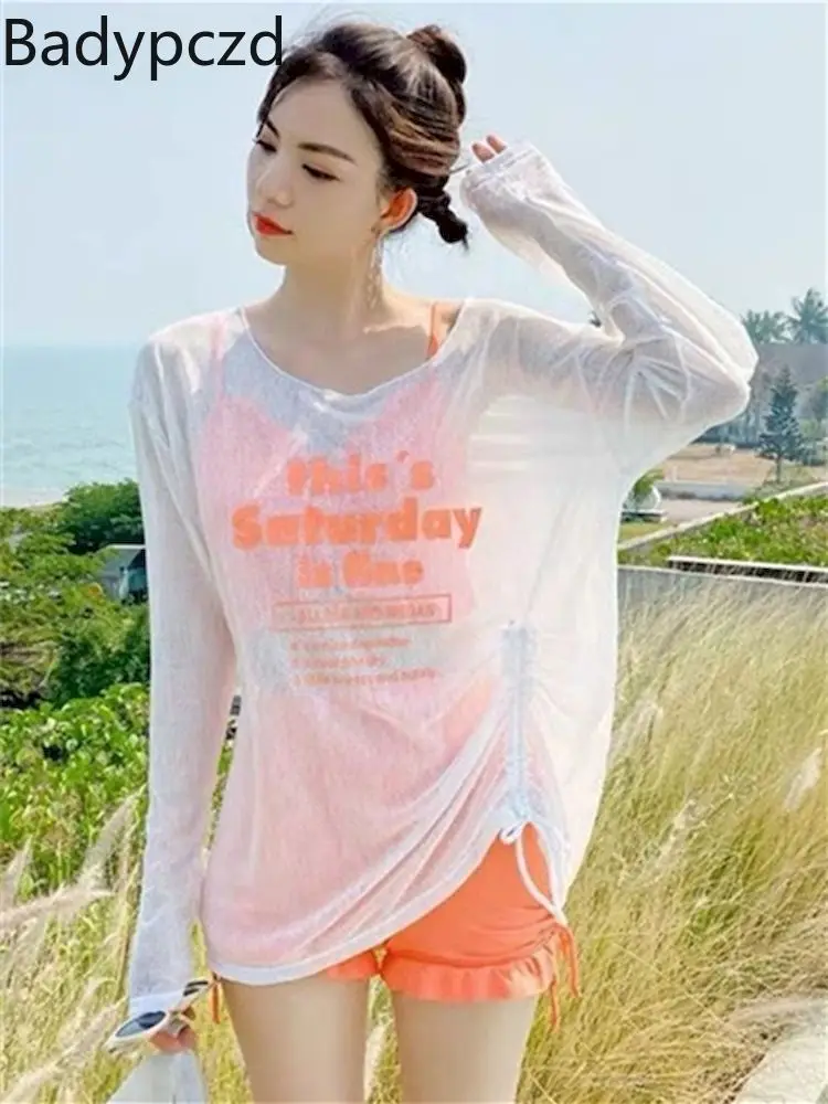 

Badypczd Split Swimsuit Bikini Women Side Drawstring Letter Print Long Sleeve High Waist Korean Three Piece Suit Ladeis 2022 New