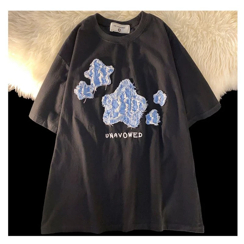 

American Retro Denim Star Patch Short Sleeved T-shirt for Men and Women Summer Niche Ins Versatile Loose Fitting Couple T-shirt