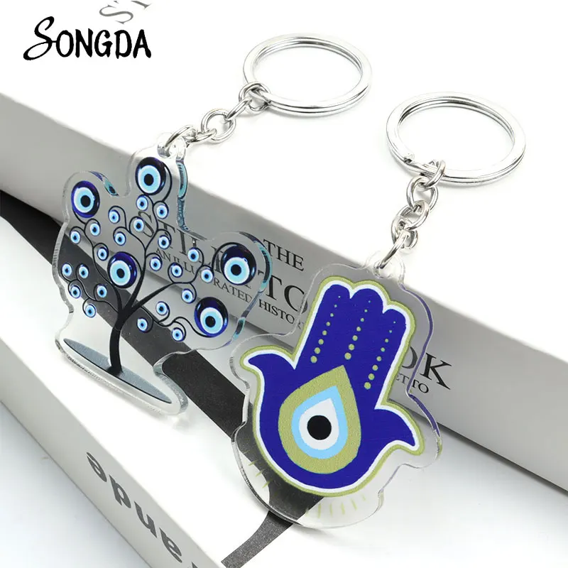 

New Lucky Eyes Fatima Hamsa Hand Keychain Blue Turkish Evil Eye Acrylic Keyring Fashion Key Chain Holder Jewelry Bag Accessory