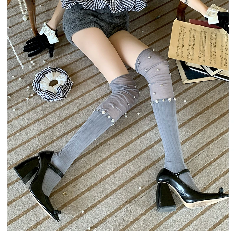 Handmade Original Luxurious Exaggerating Rhinestone Soft Cotton Vertical Stitching over the Knee Calf Socks Middle Tube