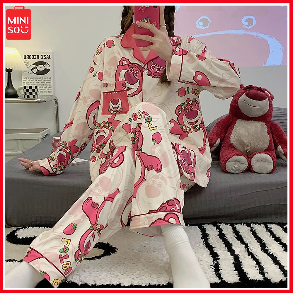 

Повседневная Пижама Miniso Lotso с мультяшным принтом для девочек, весна-осень 2023, брюки с длинным рукавом для студентов, милый домашний костюм, можно носить на улице