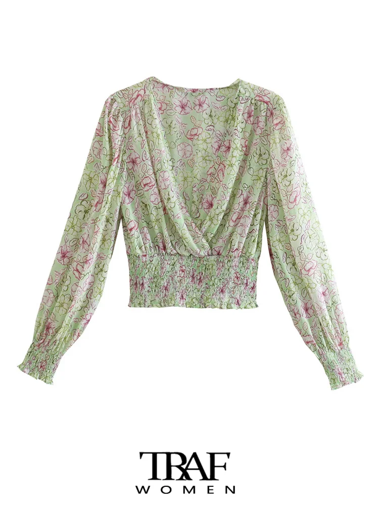 

Женская винтажная блузка с принтом, V-образным вырезом и длинным рукавом