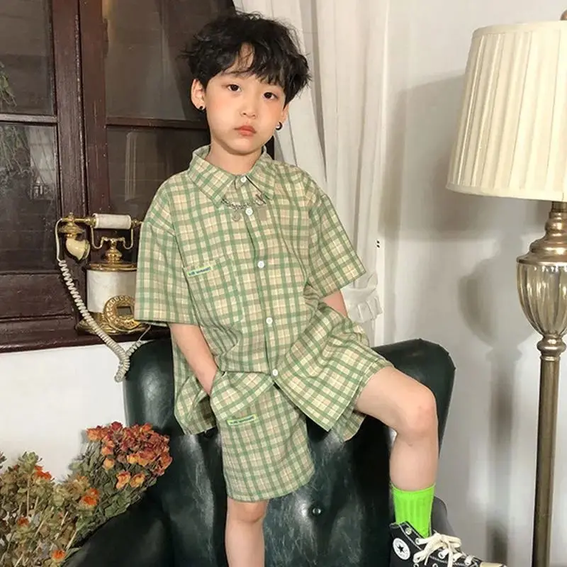 

2023 summer kids Boys Clothes Sets plaid T-shirt + Pants 2PCS Children clothing Outfits Teenage 4 6 8 10 12 Years