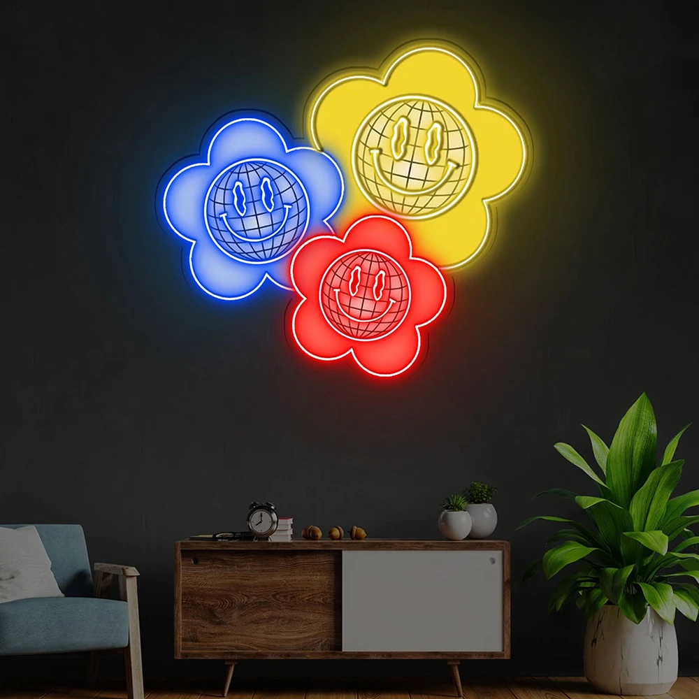 Неоновая подсветка в виде цветка и улыбки неоновая с веселым лицом Настенный
