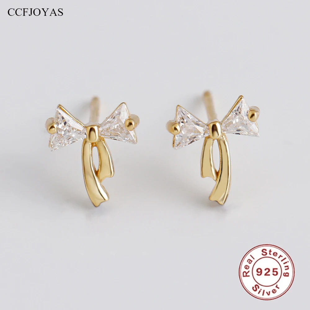 

CCFJOYAS Simple INS Cute Bow -shaped 100% 925 Sterling Silver Stud Earrings Minimalist Clear Zircon Piercing Studs Girls Jewelry