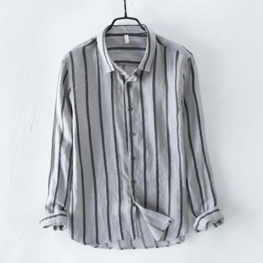 

Long Men Fashion Casual Sleeved Coat Stripe Shirt Slim Fit Male Flax Business Dress Shirts 2023 Brand Men Soft Comfortable Tops