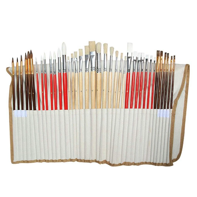 

38Pcs Brush Painting Watercolor Varnish Rod Pig Bristle Oil Painting Drawing Pen Nylon Wood Brush With Canvas Bag Set