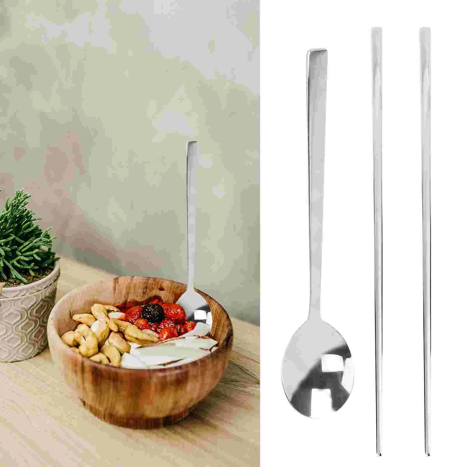 2Pcs Stainless Steel Spoon And Chopstick Set Long Handle Spoon Chopstick Metal Dinnerware for Home Kitchen Restaurant