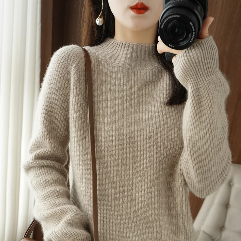 Autumn/winter cardigan women's half-turtleneck loose thickened sweater solid color pullover cashmere sweater cropped knitlegging enlarge