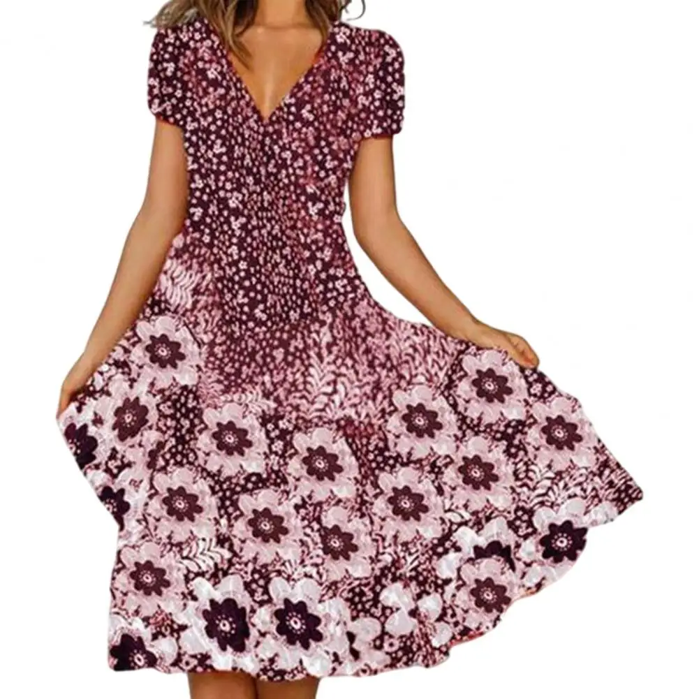 

Summer Dress Women 2022 Flower Print Loose Hem V Neck Short Sleeve Casual Party Dress Women for Dating Green XXL vestido