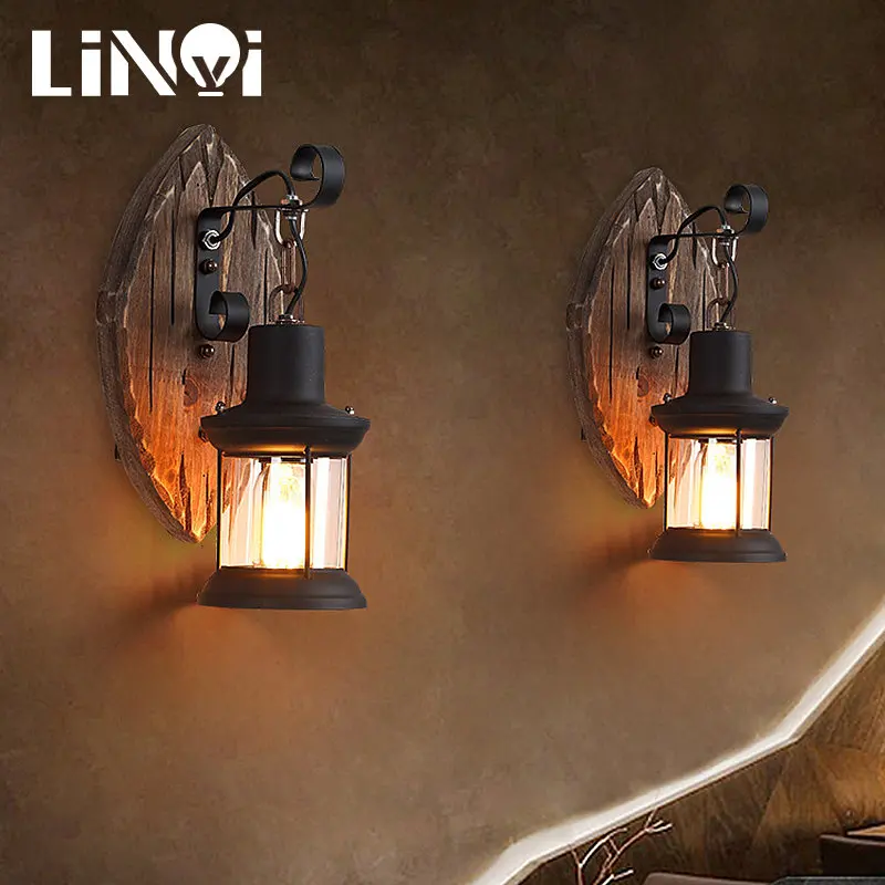 

Outdoor Antique LED Loft Wall Lamp Wood Glass Restaurant Cafe Bar Sconces Vintage Industrial Retro Wall Sconce for Bedroom