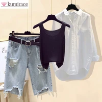 2022 new large womens fashion elegant womens summer suit loose shirt suspender short jeans casual three piece set