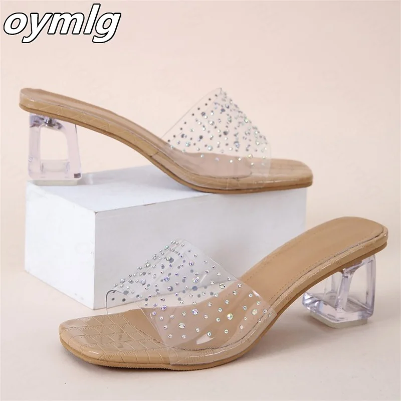 

2022 summer new thick-heeled rhinestone high-heeled slippers women wear crystal square with transparent straps women