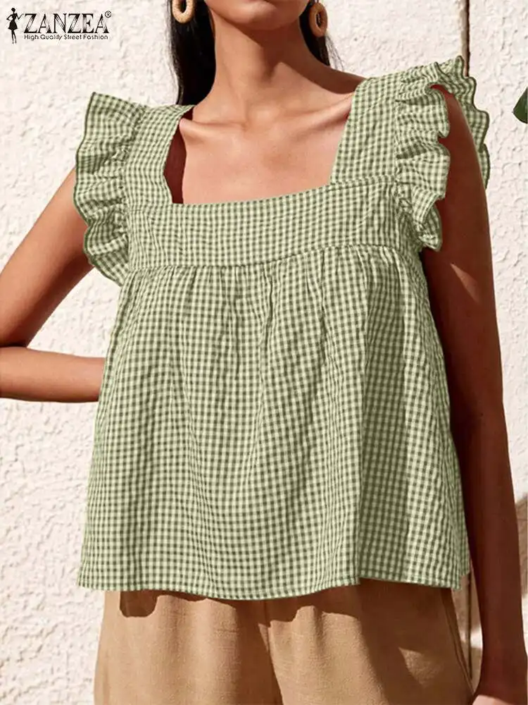 

2022 ZANZEA Bohemian Square collar Grid Print Tops Summer Sleeveless Ruffle Women's Blouse Holiday Casual Elegant Beach Shirt
