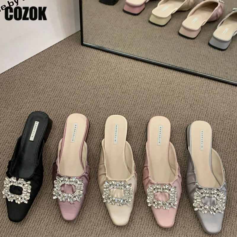 

Мюли женские шелковые, квадратный носок, кристаллы, классические тапочки, Уличная обувь, дизайнерские блестящие туфли на низком каблуке, лето 2023