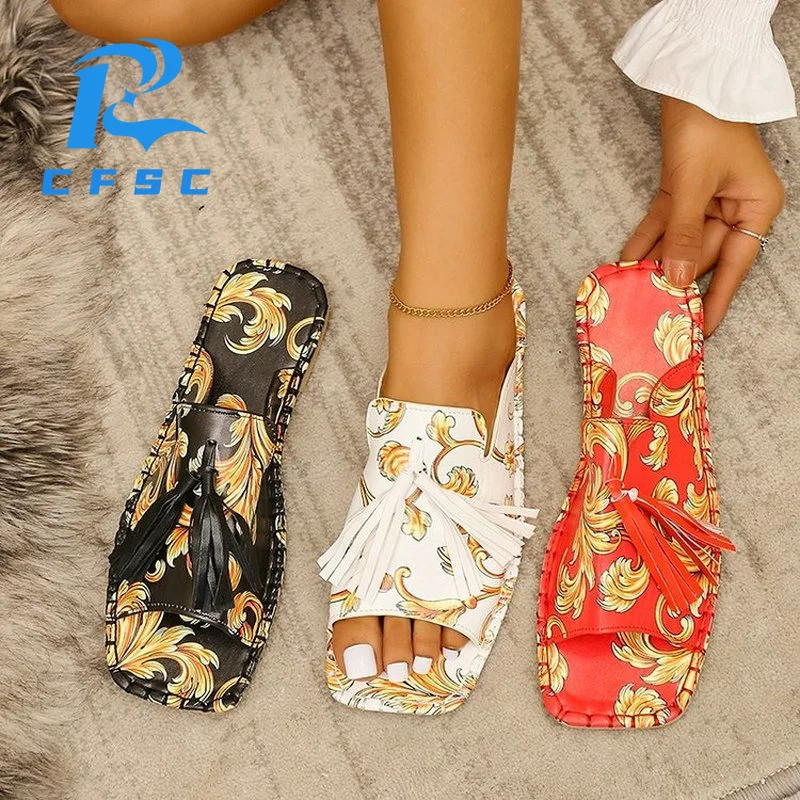 

Women's Slippers 2022 New Printed Low Heel Slippers Fashion Fringe Women Flat Heel Sandals Peep Toe Sandals Gladiator Sandals