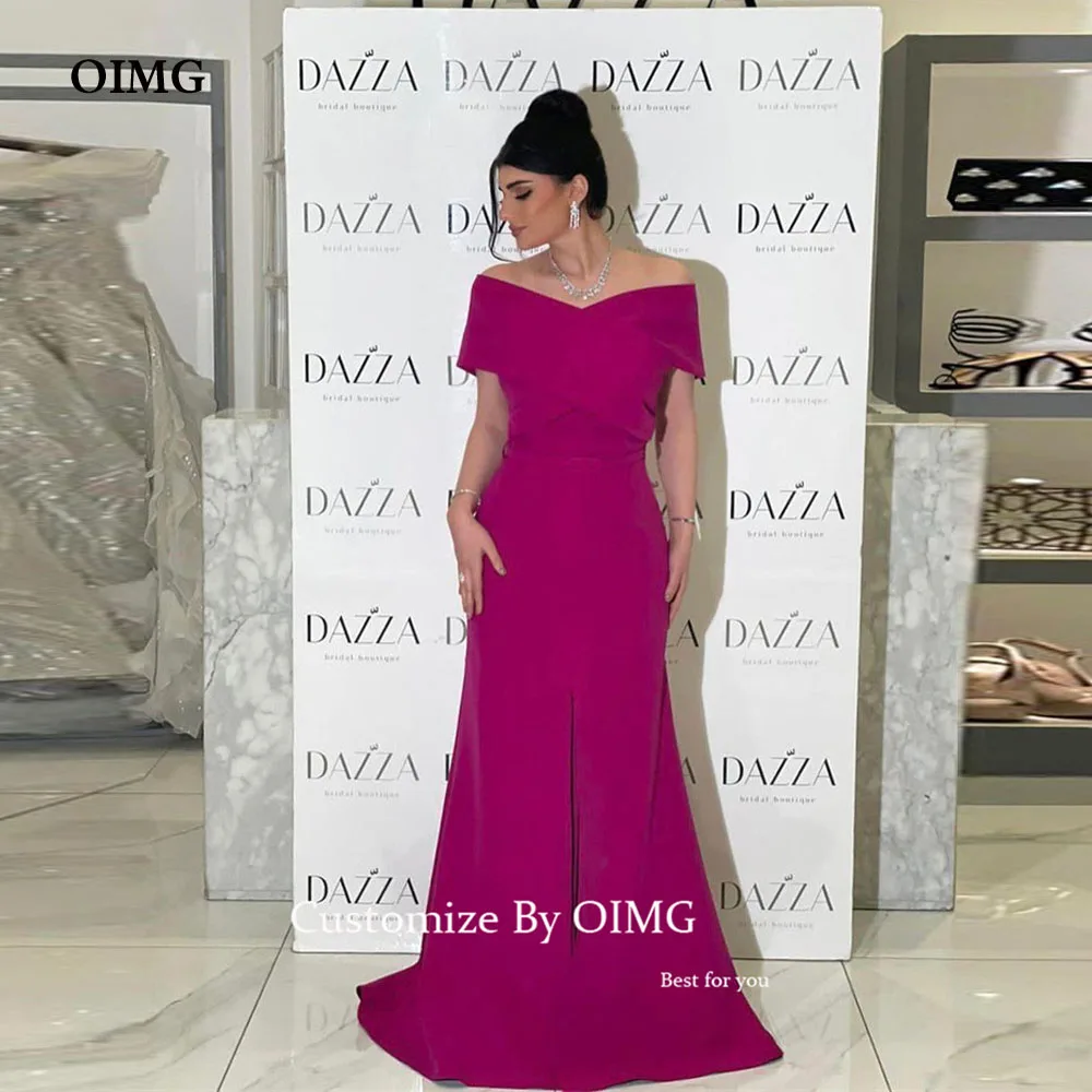 

OIMG Fuschia Стретч атласный Русалка Вечерние платья с открытыми плечами простые арабские Дубаи официальные платья для выпускного вечера