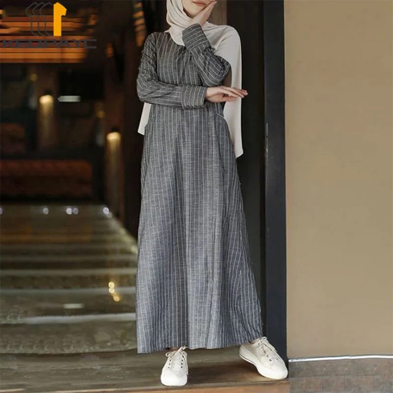 Muslim Women Dubai Abaya Cotton Linen Long Dress Kaftan Islam Arab Vintage Striped Dresses Robe Middle East Ramadan Eid Clothing