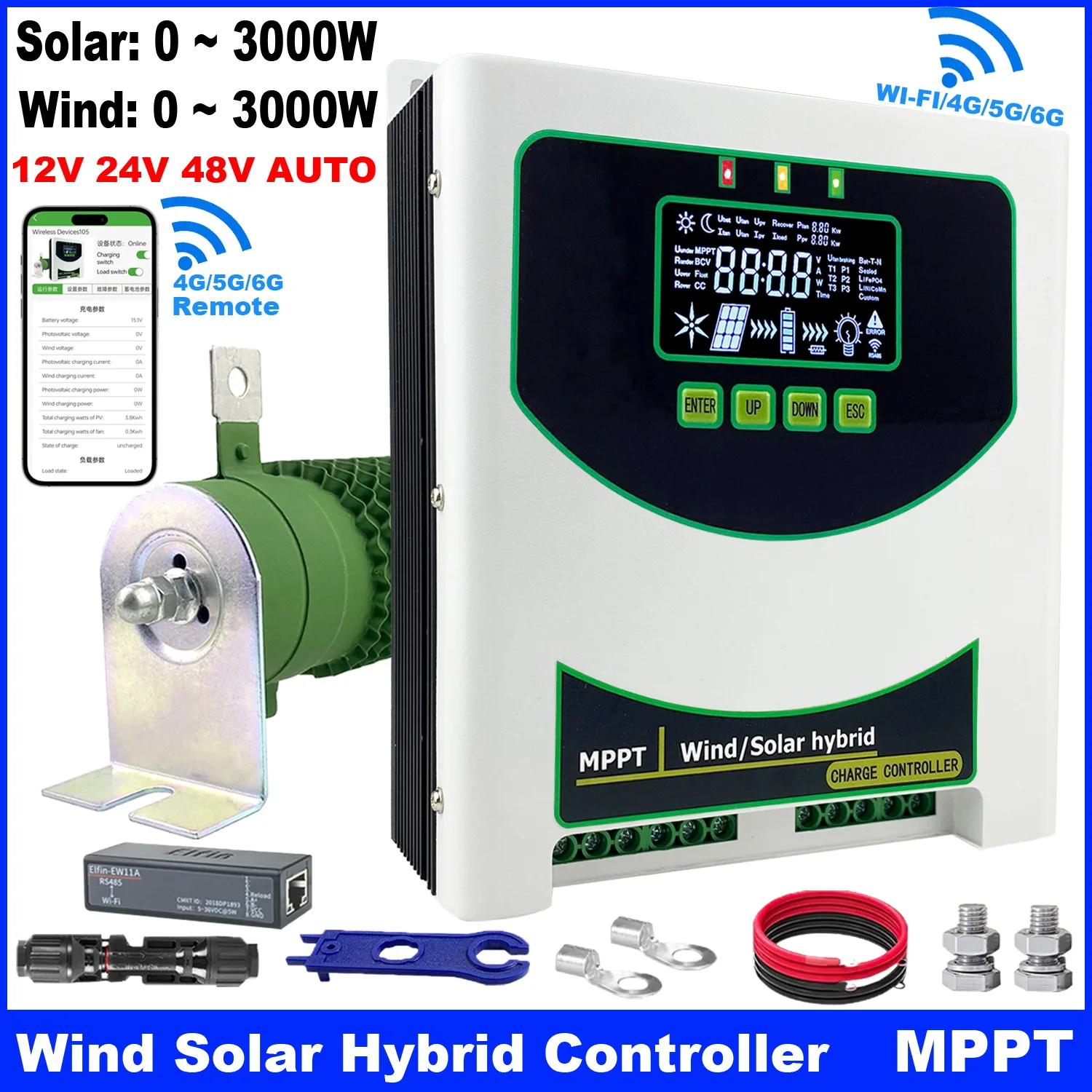 3000 Вт 5000 MPPT ветро-солнечный гибридный контроллер заряда 12 В 24 48 ЖК-дисплей Wi-Fi