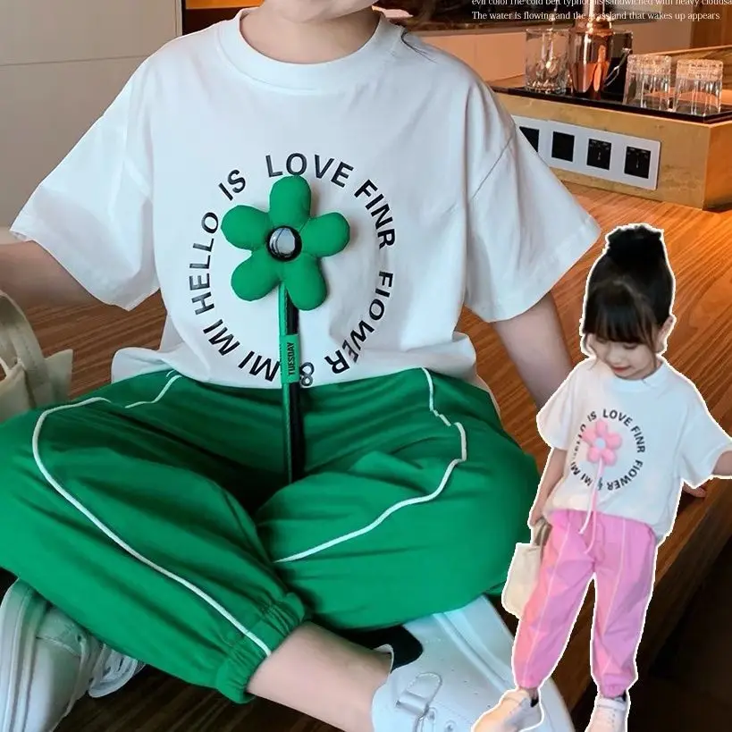 

Baby Girls Summer Clothes Sets Kids Sportswear Top and Buttom 2Pcs Suit Letter T-Shirt Pants Outfit with Detachable Flower Doll