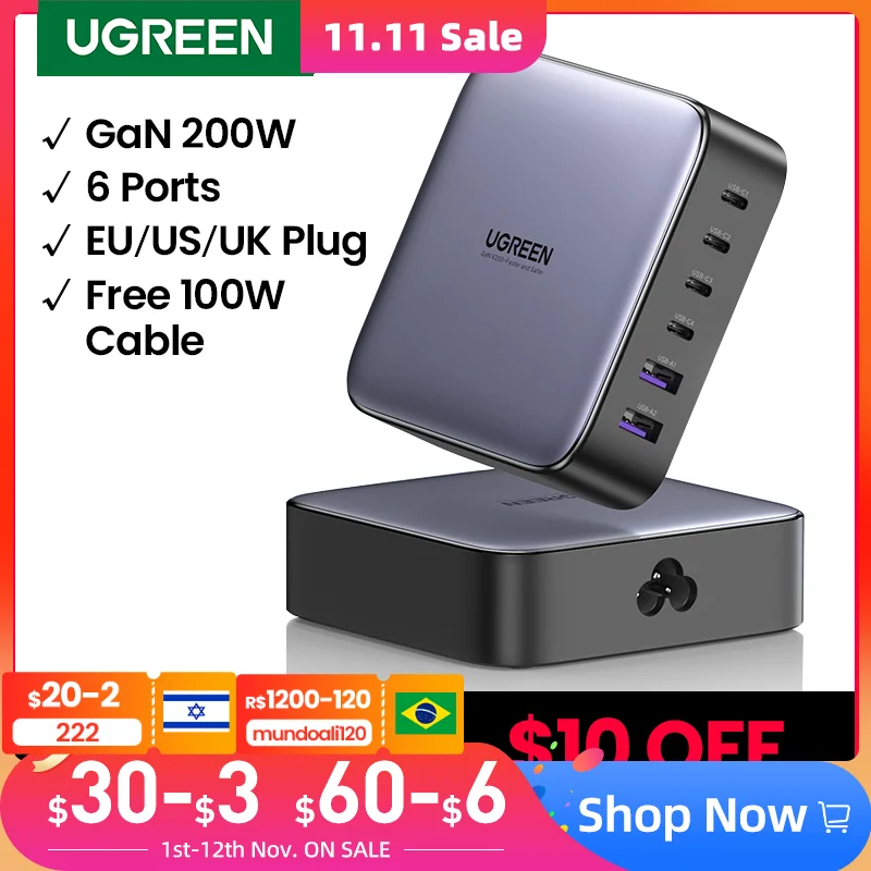 Cena UGREEN 200W GaN ładowarka Pulpit Laptop Szybka ładowarka 6 W 1 Adapter Do IPhone 13 12 Pro Max Xiaomi Samsung Tablety ładowarka Do Telefonu Cena UGREEN 200W GaN ładowarka Pulpit Laptop Szybka ładowarka 6 W 1 Adapter Do IPhone 13 12 Pro Max Xiaomi Samsung Tablety ładowarka Do Telefonu