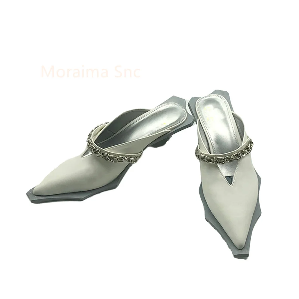 Summer Pointed Toe Women's Slippers Metal Chain Sandals Strange High Heel Novelty Solid Comfortable Outside Ladies Shoes