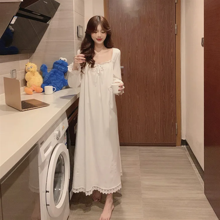 Summer Korean Nightgowns for Women Long Sleeved Nightwear Female Lace Sexy Sleepwear Home Clothes Silk Cotton Night Dress