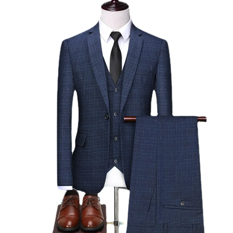 

(Jacket+Vest+Pants)Men's Plaid Oversized Suits Autumn Winter Men's Suit 2021 New Trend Slim 3 Piece Set Businessmen Suits Formal