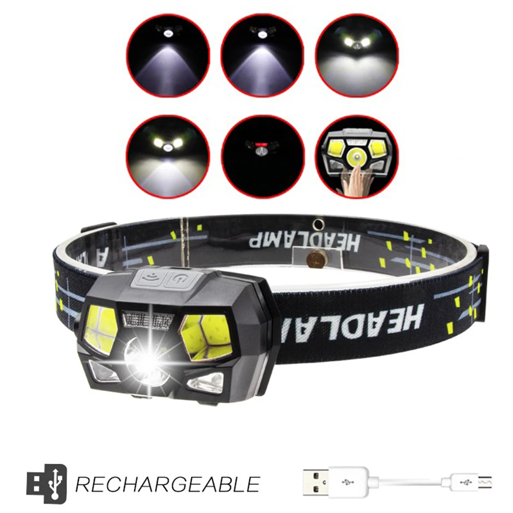 

Powerful XPE+COB LED Headlight Sensor Head Light USB Charging Headlamp Head Torch Flashlight IPX4 Waterproof for Camping Fishing