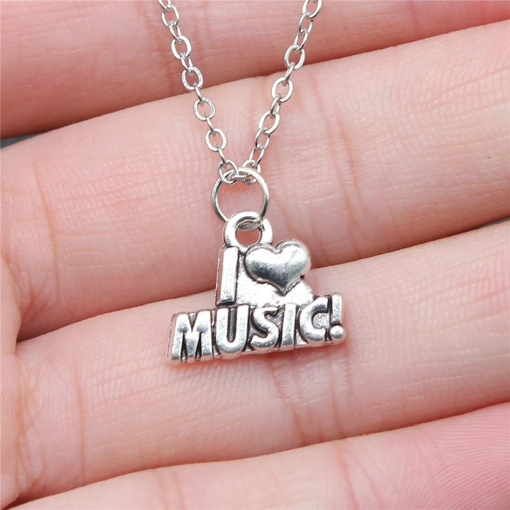 

Drop Shipping Antique Silver Color 17x13mm I Love Music Necklaces Short Chain Choker Necklaces