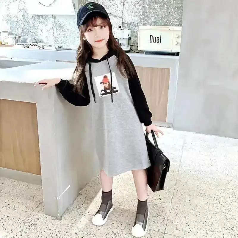 

Teenage Fashion Kids Girls Dress 2023 Autumn Children Hoodie Sweater Loose Dress Casual Long Sleeve Girl Dresses 8 10 12 14 Year