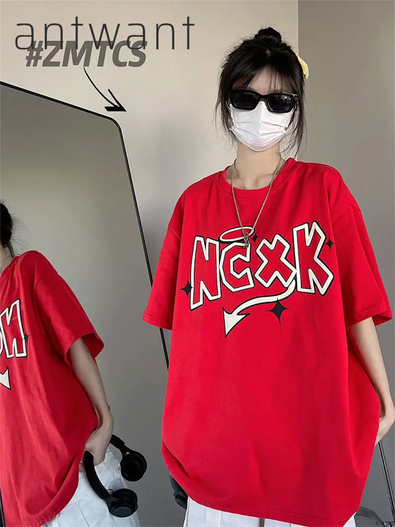 

100% Cotton National American Retro Printed Hip-Hop Street Short-Sleeved T-shirt Women's Loose Korean Style Boyfriend Fashion