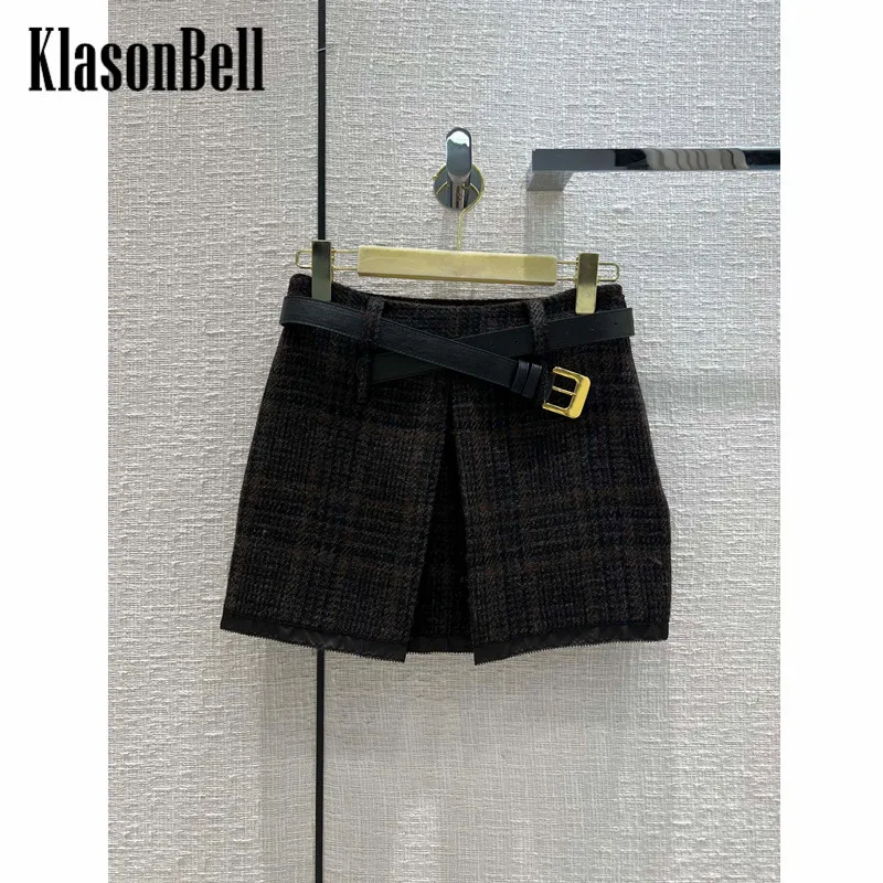 

10,24 KlasonBell темпераментная винтажная клетчатая с поясом короткая шерстяная трапециевидная юбка для женщин