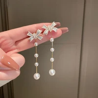 light luxury long pearl bow pendant earrings for women 2022 temperament personality retro high level sense korean fashion gifts