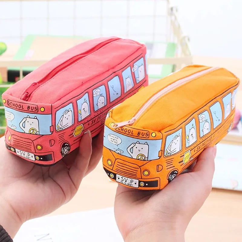 

Cartoon Bus Pencil Bag Canvas Large Capacity Car Zipper Pen Pencilcase for Student Stationery School Supplies