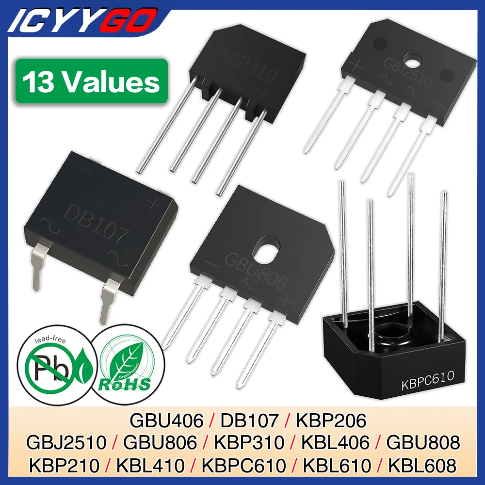 KBL406 KBL410 KBL608 KBL610 GBU406 GBU806 GBU808 KBP206 KBP210 KBP310 GBJ2510 DB107 KBPC610 Диодный мостовой выпрямитель 800 В 1000 В