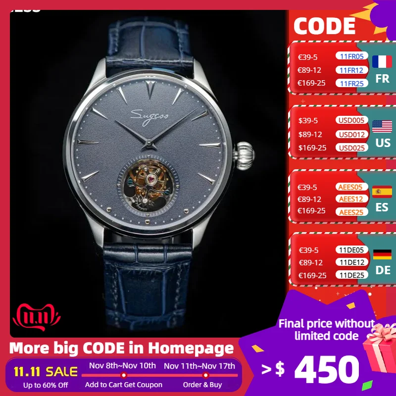 Sugess Tourbillon Watch Master Seagull Movement ST8000 Подлинная роскошная одежда Наручные часы