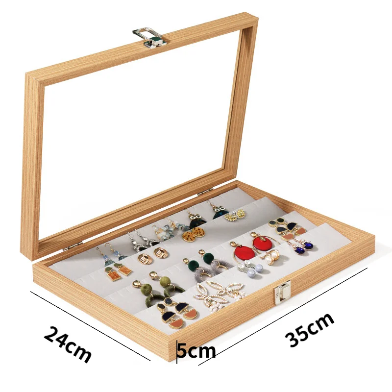 Rosewood Jewelry Display Box Ear Card Jewelry Organizer Necklace Display Tray Ring Bracelet Storage Box Glass Dust Cover