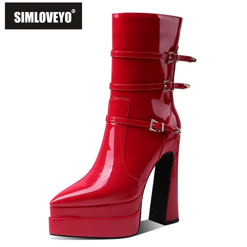 

SIMLOVEYO модные женские сапоги до середины икры платформа 5 см блочный Высокий Каблук 14,5 см острый носок молния ремень пряжка Большой размер 35-43...