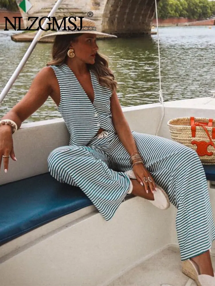 

Nlzgmsj TRAF 2023 весенне-осенний полосатый Женский жилет, женские длинные брюки, костюмы, свободные комплекты, винтажные женские комплекты из 2 предметов, женский костюм